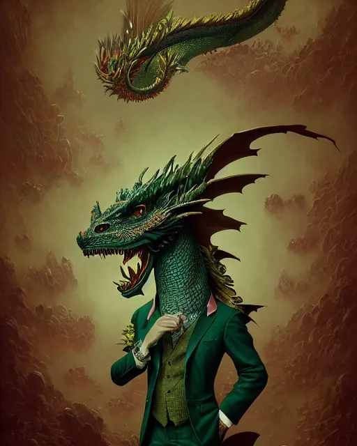 Image similar to anthropomorphic art of a businessman dragon, green dragon, dragon head, portrait, victorian inspired clothing by artgerm, victo ngai, ryohei hase, artstation. fractal papers and books. highly detailed digital painting, smooth, global illumination, fantasy art by greg rutkowsky, karl spitzweg