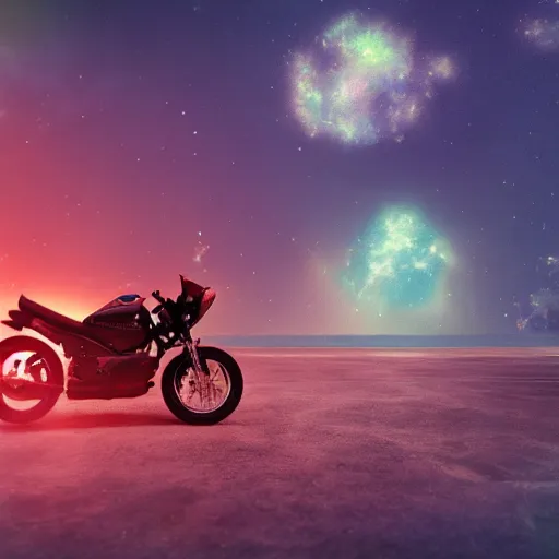 Prompt: a motorcycle floating in space inside magic colorful glowing fog, starry sky, tranquil, desolate, atmospheric, hazy, autochrome, 8k, photo, octane render, unreal engine 5