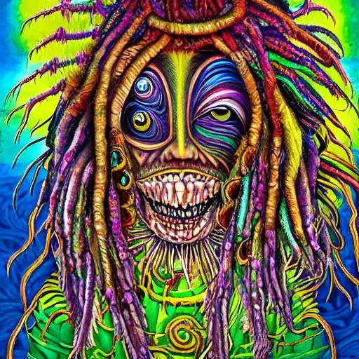Prompt: a high detailed hyper detailed painting of a spiritual monster with dreadlocks and several eyes, pointy teeth and colorful skin with scales and strange textures, surreal psychedelic cosmic horror