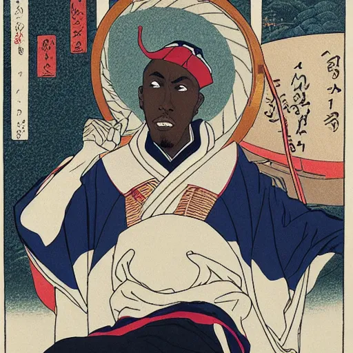 Prompt: Inspectah Deck rapping, portrait, style of ancient text, hokusai