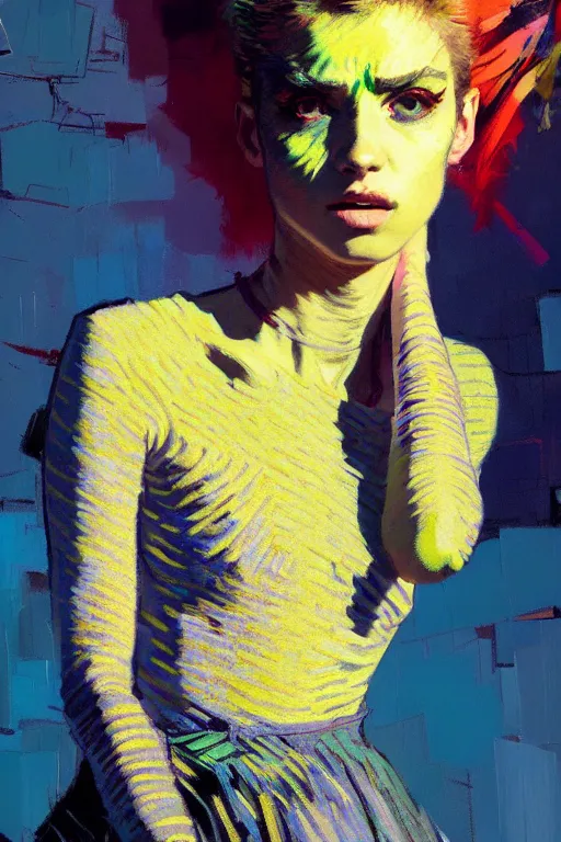 Prompt: portrait of a beautiful punk girl, complementary colors, beautiful face, rule of thirds, intricate outfit, spotlight, by greg rutkowski, by jeremy mann, by francoise nielly, by van gogh, digital painting