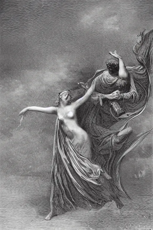 Image similar to A maiden dancing with the devil in the style of Gustave Dore