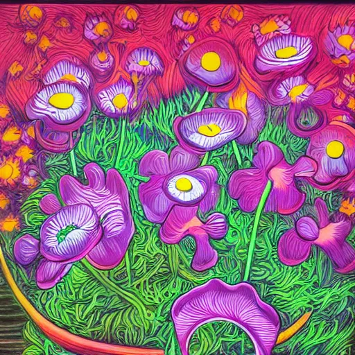 Image similar to neon, overcast balmy by jim woodring. a land art of a group of anemones in a vase