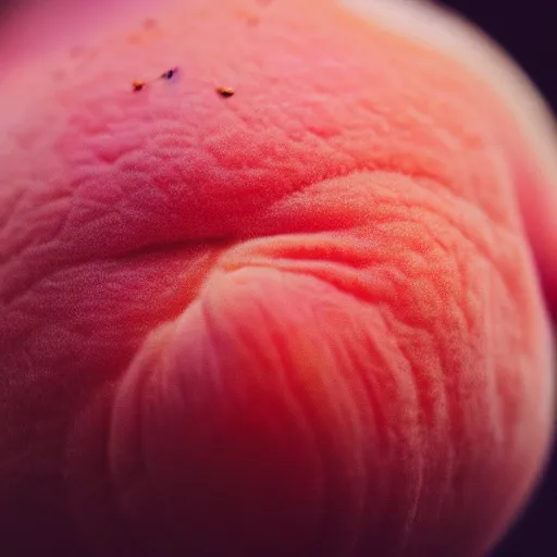 Image similar to a macro photo of a round peach's dry hairy skin, hyper realistic, hyper detailed, 35mm, very grainy film, pink volumetric studio lighting, bokeh, black background award winning shot, vogue magazine, cinematic, 8k, very closeup, elegant, tender, pastel