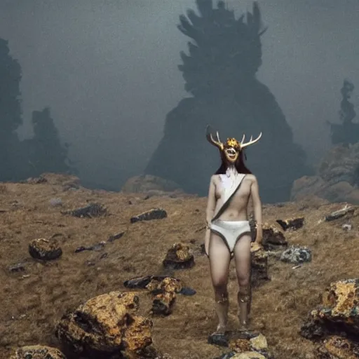 Prompt: The full body shot of beautiful pale woman with white flowers and full-face golden occult mask and antlers in a rocky desert landscape, multiple eyes by Denis Villeneuve, Lubezki, Gaspar Noe and Christopher Doyle, anamorphic lens, anamorphic lens flares, kodakchrome, cinematic composition, practical effects, award winning photo, 8k, detailed 85mm f/1.4