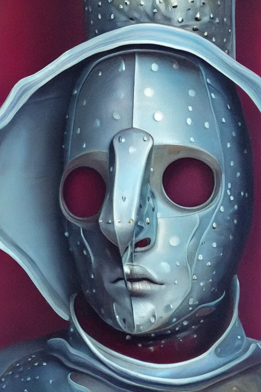 Image similar to hyperrealism oil painting, close - up portrait of face hiding in stingray medieval fashion model, knight, steel gradient mixed with nebula sky, in style of baroque mixed with 7 0 s book art