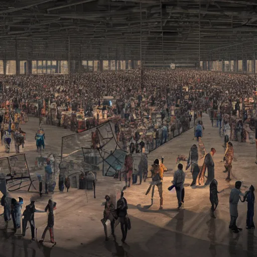 Prompt: large group people in a huge warehouse, looking at a tabletop skyline hologram | cinematic concept art | godrays | 4 k | clear details | tabletop | tabletop | hologram foreground