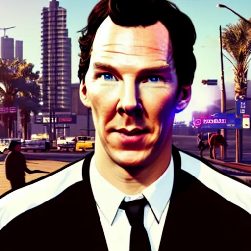 Prompt: Benedict Cumberbatch on a GTA 5 poster, 8k, HD