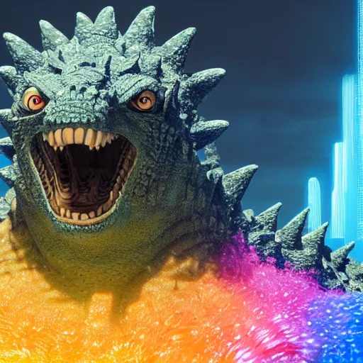 Image similar to godzilla, expressive eyes, floating, rbc, radiolaria, protophyta, micro - organisms, center frame, symmetric, rim light, marine microbiology, bioluminescence, electric, fur, soft, concept art, intricate details, highly detailed, colorful, photorealistic, disney pixar, octane render,