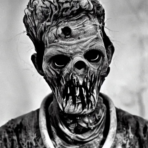 Prompt: real life irradiated undead acute radiation sickness flaking and melting skin 1950s nuclear wasteland black and white award winning photo highly detailed, highly in focus, highly life-like, facial closeup taken on Arriflex 35 II, by stanley kubrick