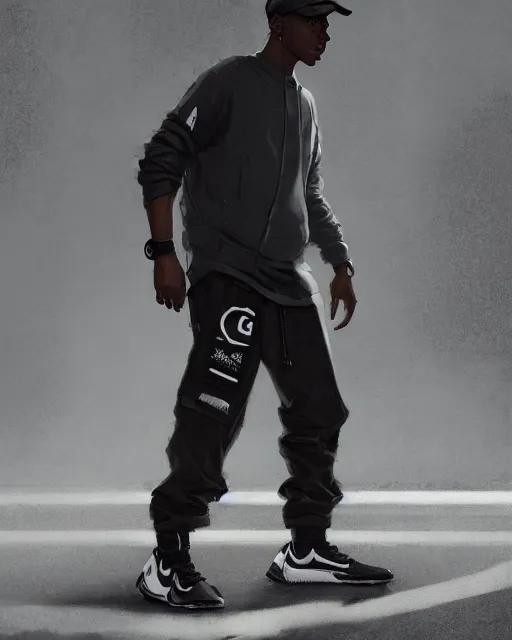 Image similar to Medium shot of a character wearing Nike ACG+Acronym P31-DS Pants in the style of greg rutkowski