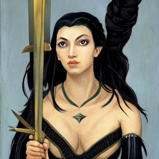 Prompt: portrait of a female black haired half - elves with two swords and pointy ears