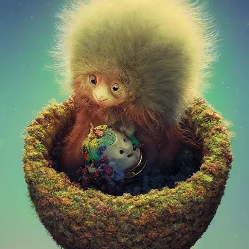 Prompt: long shot of a very fluffy furry alien chick nesting in a floral cup, esao andrews, by m. w. kaluta, humorous illustration, hyperrealistic, tilt shift, warm colors, night scenery, low light, 3 d octane render, 4 k, volumetric lights, smooth, cosy atmosphere, conceptart, hyperdetailed, trending on deviantart