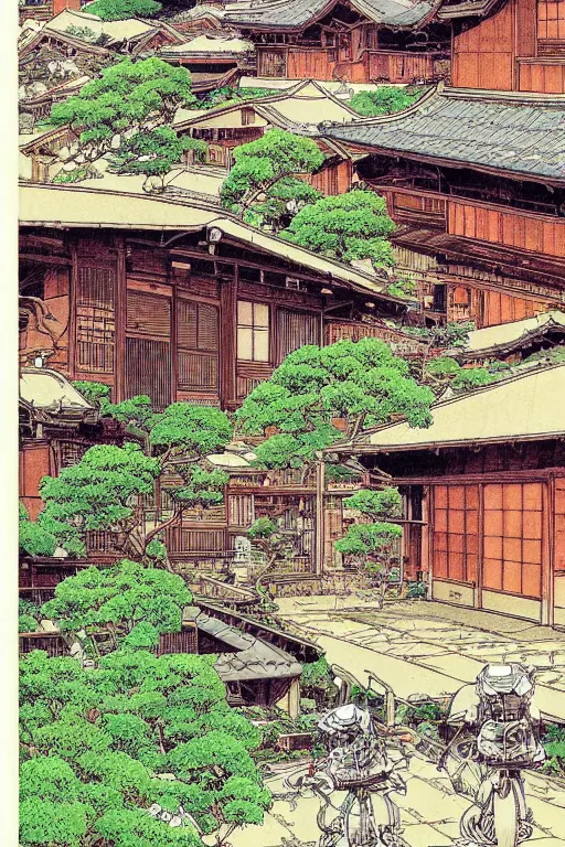 Image similar to beautiful anime illustration of a rural japanese home, by moebius, masamune shirow and katsuhiro otomo