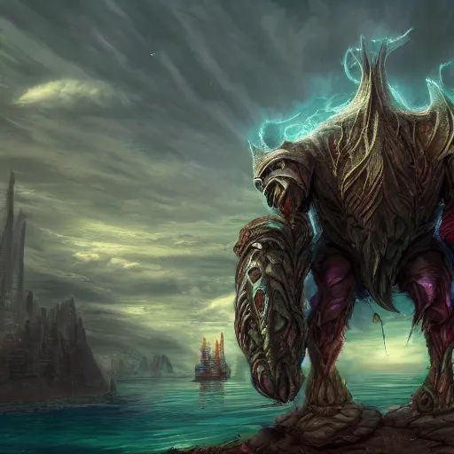 Prompt: giant creature with a city on his shoulders, ultra detailed, well composed, epic, beautiful colors, 8 k