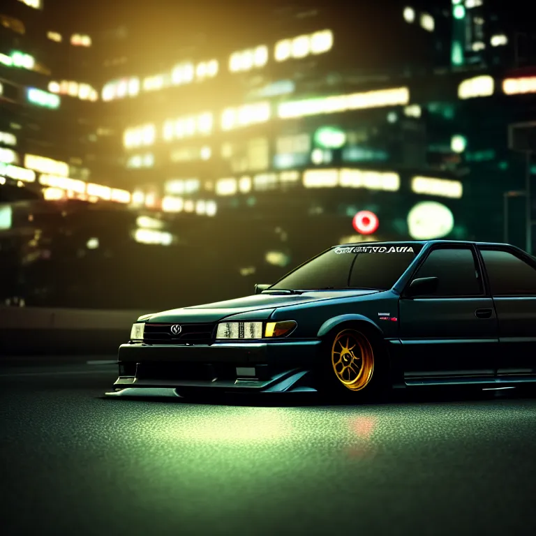 Image similar to toyota jzx 1 0 0 drift, detailed - wheels, shibuya prefecture, cyberpunk girl, cinematic lighting, photorealistic, night photography, octane render