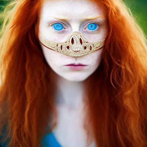 Image similar to close up half-face portrait photograph of a ginger woman with deep blue eyes. Wavy long hair. she looks directly at the camera. Slightly open mouth, face covers half of the frame, with a park visible in the background. 135mm nikon. Intricate. Very detailed 8k. Sharp. Cinematic post-processing. Award winning portrait photography