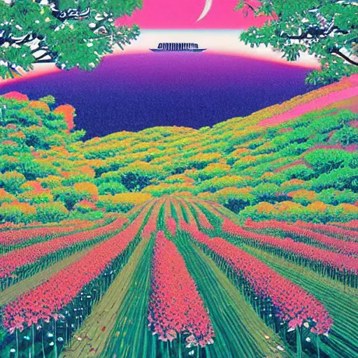 Prompt: a beautiful painting of a large alien shrine shrouded by mystic nebula magic in a field of flowers by hiroshi nagai and vincent di fate
