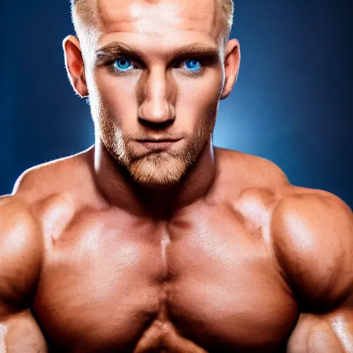 Image similar to photo of a close portrait of a handsome bodybuilder with blonde hair and blue eyes, studio lightning, 4 k, highly detailled