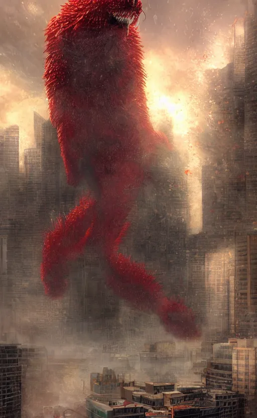 Prompt: a giant red monster smashing through skyscrapers, koi fish kaiju with two legs and two arms, digital painting, masterpiece, by ilya kuvshinov, hayao miyazaki, kentaro miura, thomas kinkade, greg rutkowski, gorgeous, beautiful, cinematic, dynamic volumetric lighting, dust clouds and building debris, intense, dramatic