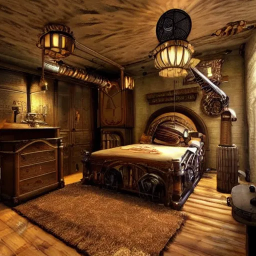 Prompt: steampunk themed bedroom