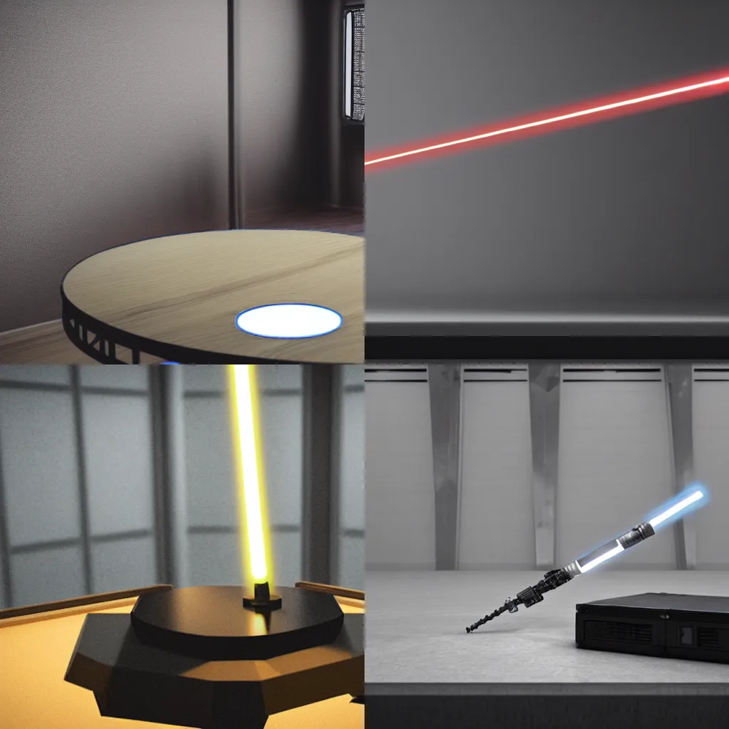 Prompt: Lightsaber On A Table Inside A Vault, 4K, Security Camera Footage, Photorealistic