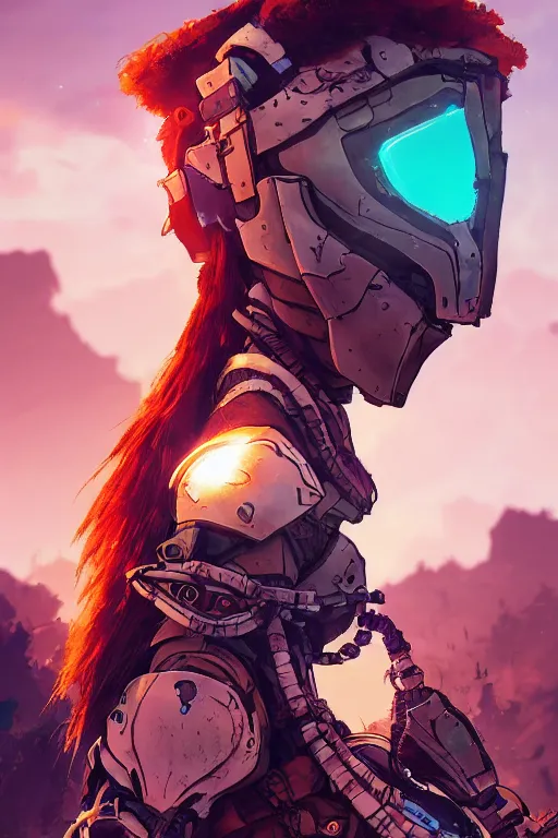 Image similar to combination suit armor aloy horizon forbidden west horizon zero dawn radiating a glowing aura global illumination ray tracing hdr fanart arstation by ian pesty and alena aenami artworks in 4 k tribal robot ninja mask helmet backpack