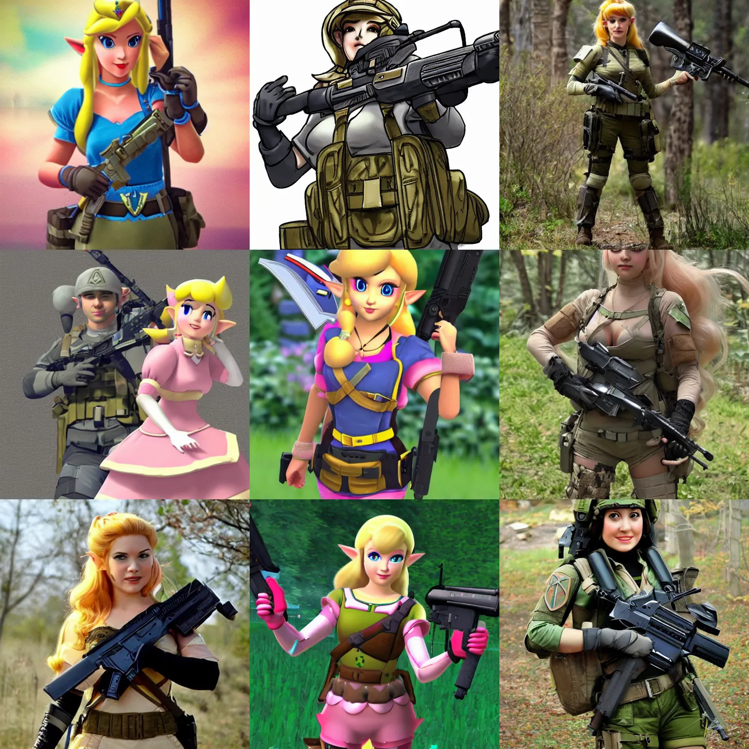 Prompt: princess peach of zelda wearing tactical gear