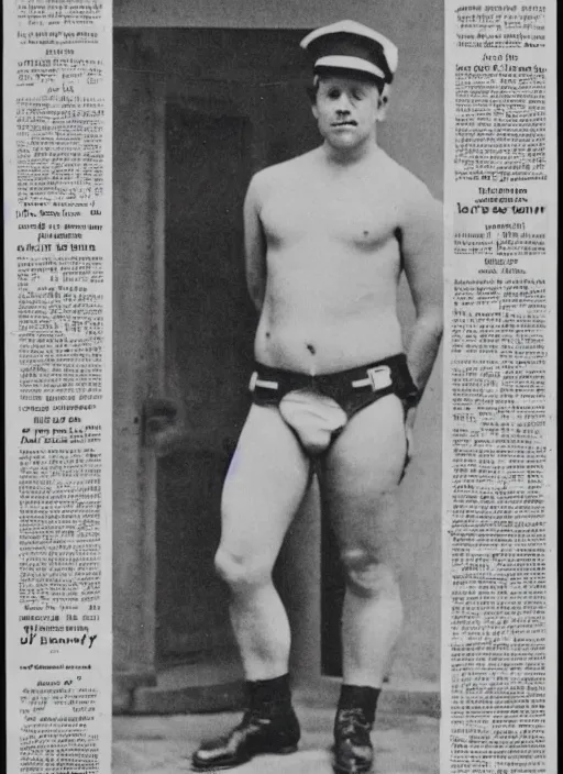 Prompt: vintage newspaper photo of a police officer wearing nothing but a diaper, flash photo