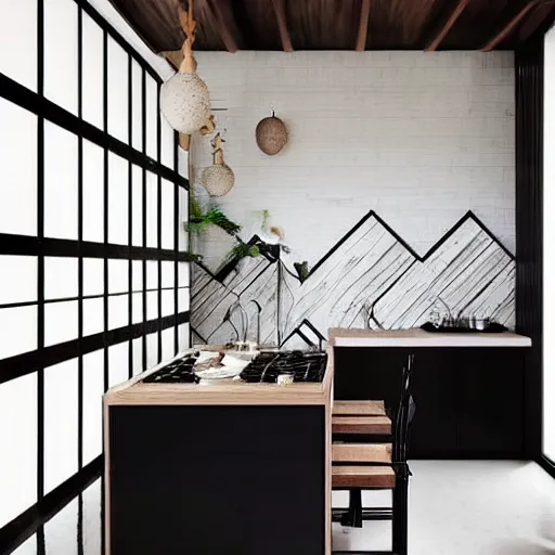 Image similar to kitchen, stone, interior design, stylish luxury hotel kitchen design, yakisugi, black vertical slatted timber, textures, feminine, black walls, art, Japanese pottery vase with flowers, kakejiku, seasonal, Japanese influences