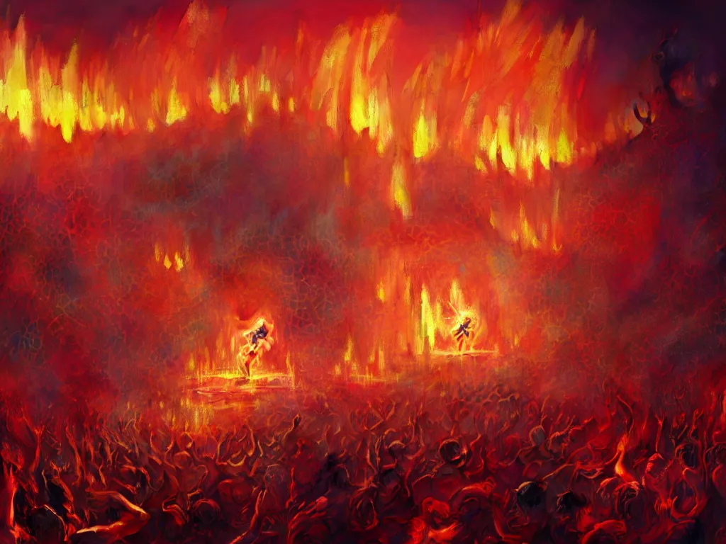 Image similar to live concert promotional photograph of a female rock singer in concert in hell, brightly lit stage centered and on fire, high contrast, stage lighting, pyrotechnics, ghibli animated film, volumetric lighting, octane render by stanley artgerm lau, greg rutkowski, thomas kindkade, alphonse mucha, loish, norman rockwel,