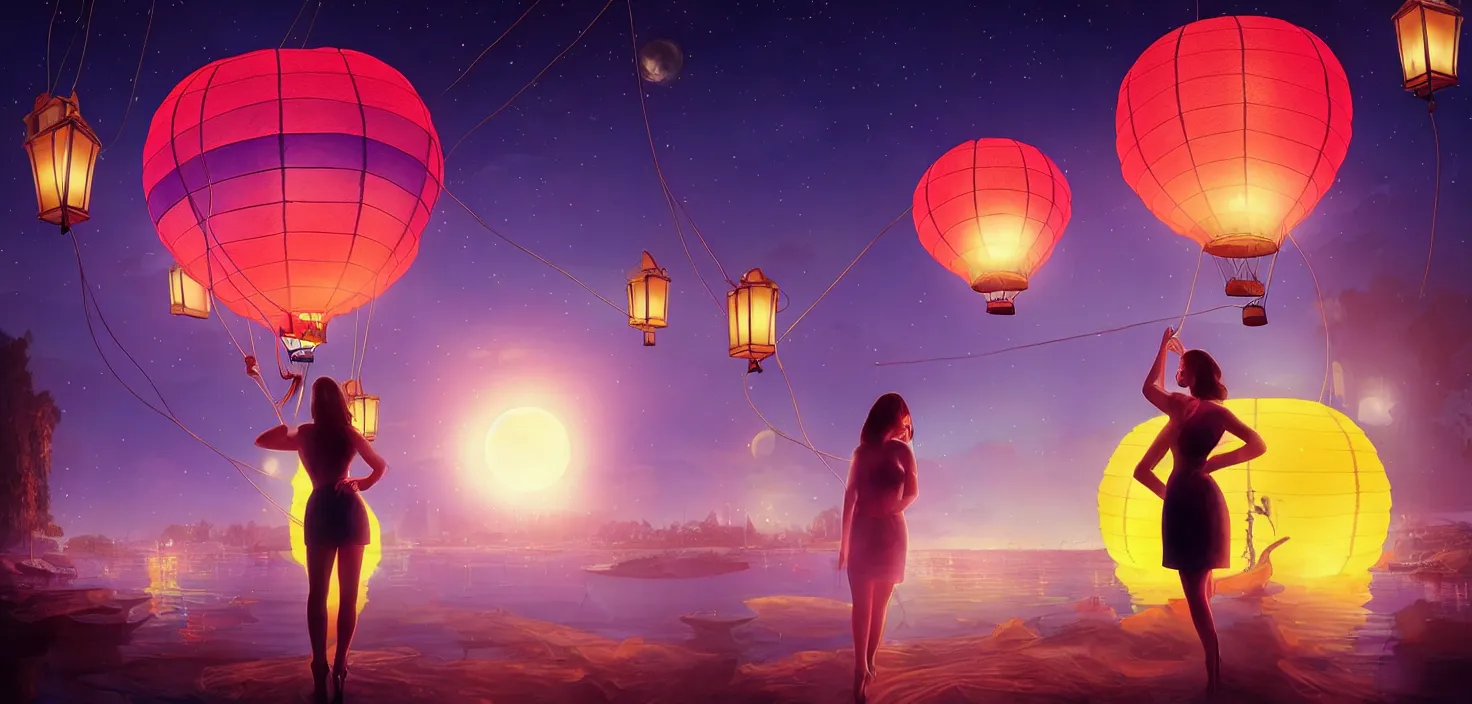 Image similar to mystical scene floating lanterns. portrait woman on the background a hot air balloon in the middle neon lights | | sunny night, full moon, dreamlike art, realistic shaded, smile, good looking, hyper details, 4 k realistic, cryengine, realistic shaded lighting poster by artgerm, ross tran, fuji choko, 8 k resolution, trending on artstation, luxury