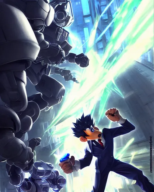 Image similar to gigachad luigi charging ultimate attack by yusuke murata wearing a suit in the city fighting a scifi mech, fantasy character portrait, ultra realistic, anime key visual, concept art, intricate details, highly detailed by greg rutkowski, ilya kuvshinov, gaston bussiere, craig mullins, simon bisley