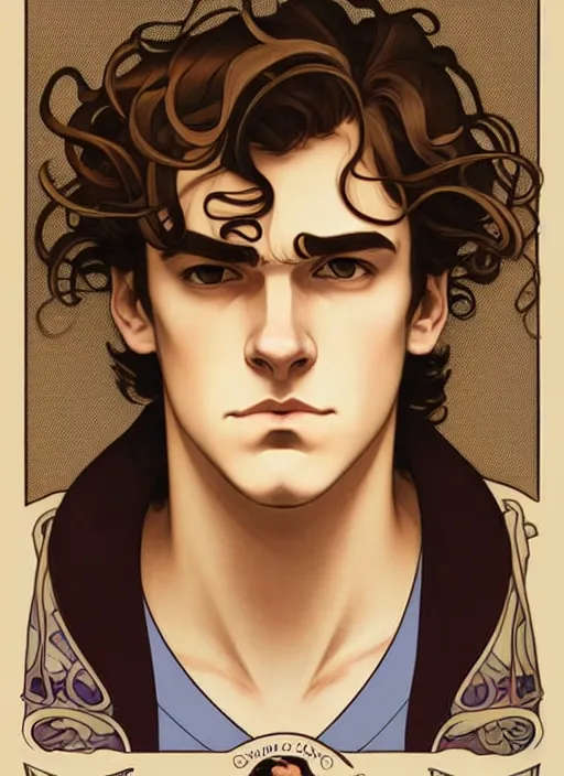 Image similar to art nouveau portrait of a handsome young man with curly light brown hair, brown eyes, serious facial expression, gloomy mood, annoyed, t - shirt, natural lighting, path traced, highly detailed, high quality, cartoon, digital painting, by don bluth and ross tran and studio ghibli and alphonse mucha