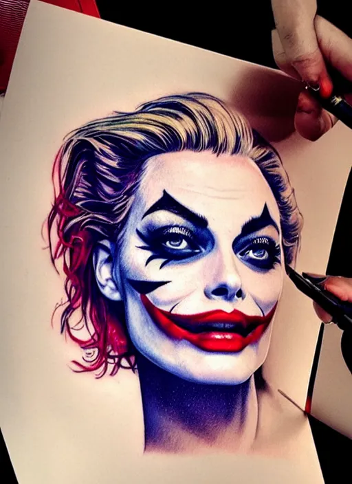 Image similar to tattoo design of beautiful margot robbie with a little joker makeup, holding an ace card, slight smile, in the style of den yakovlev, realistic face, black and white, realism tattoo, hyper realistic, highly detailed