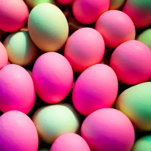 Prompt: bright pink bubblegum, shaped like eggs, award winning photo, close up, high quality