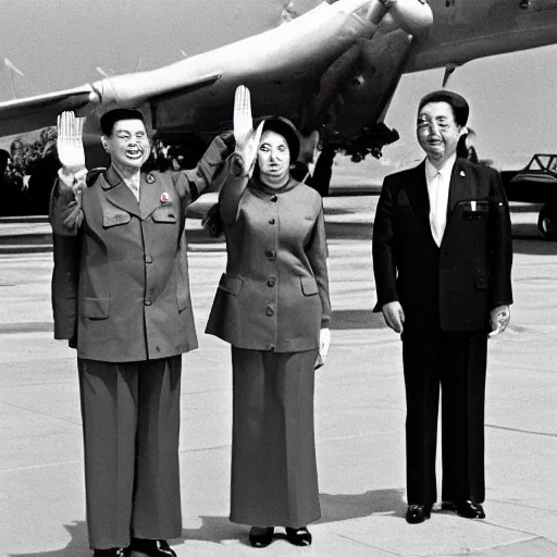 Prompt: A photo from the 1960s shows Pelosi and Trump saluting in Chinese military uniforms.