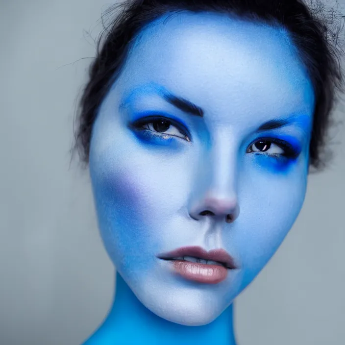 Prompt: photograph of a beautiful! woman with blue skin!!!!!!!!!!. extremely detailed. dslr. 5 0 mm.