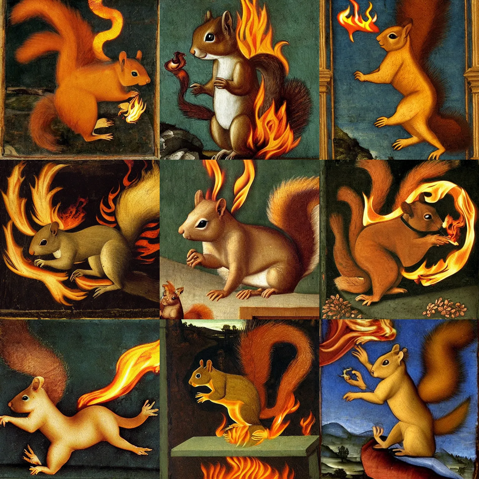 Prompt: an iconic squirrel with flames coming off it, renaissance art