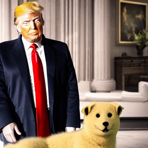 Prompt: Donald Trump with doge body, realistic artstyle, wide shot, dramatic lighting, octane render, hyperrealistic, high quality, highly detailed, HD, beautiful, cinematic, 8k, unreal engine, facial accuracy, symmetrical