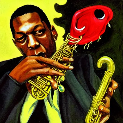 Image similar to john coltrane snuggling a slimy goblin