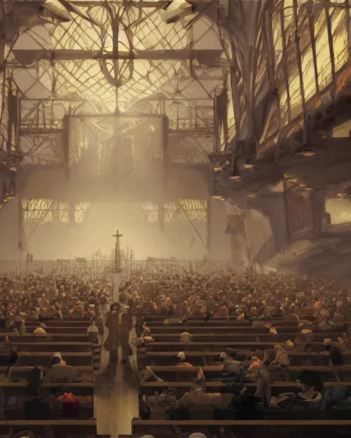 Prompt: craig mullins and ghibli digital matte art of a crowd in a futuristic church, strong lines, priest, pews, inviting, unreal engine, hyper realism, realistic shading, cinematic composition, realistic render, octane render, detailed textures, photorealistic, wide shot