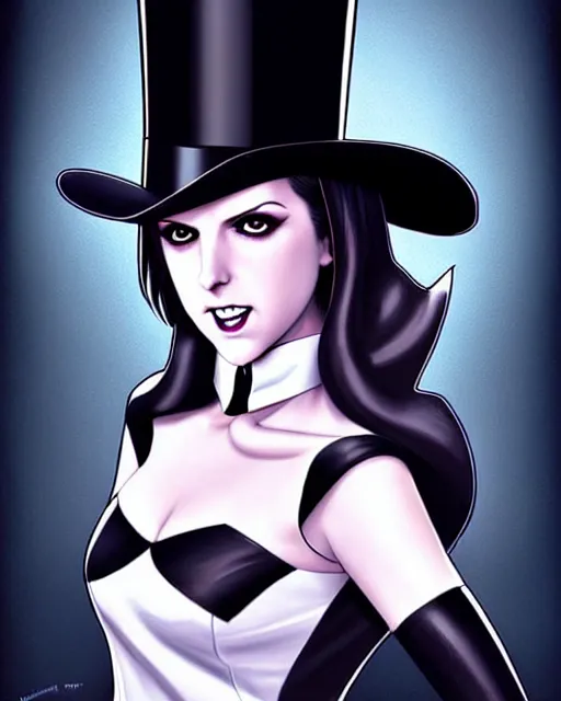 Prompt: beautiful Anna Kendrick Zatanna DC Comics floating on stage, wearing a top hat, symmetrical face symmetrical eyes, smiling, modern anime, fantasy, eerie, intricate details, atmospheric, elegant, super highly detailed, professional digital painting, concept art, art by artgerm and eiichiro oda and koyoharu gotouge