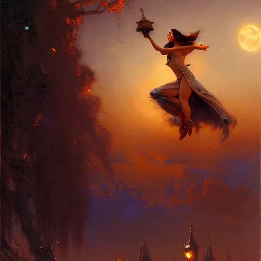 Image similar to attractive witch magically flying trough the night, fantasy, full moon in background. highly detailed painting by gaston bussiere, craig mullins, j. c. leyendecker 8 k