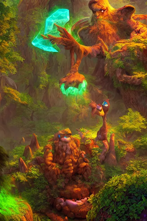 Image similar to arcane fantasy art giant golem elemental wood rock bastion forged gemstone enchanted forest troll, global illumination ray tracing hdr fanart arstation by sung choi and eric pfeiffer and gabriel garza and casper konefal lisa frank zbrush central hardmesh radiating a glowing aura