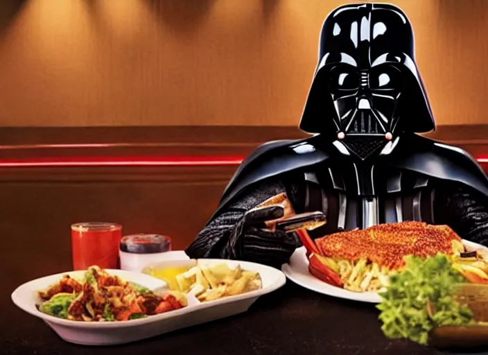 Prompt: film still of Darth Vader has dinner at Applebees in the new Star Wars movie, 4k