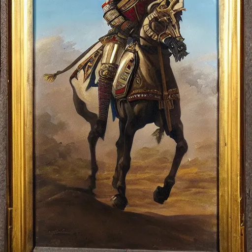 Image similar to a beautiful oil painting of a middle eastern knight in shining armor riding a horse