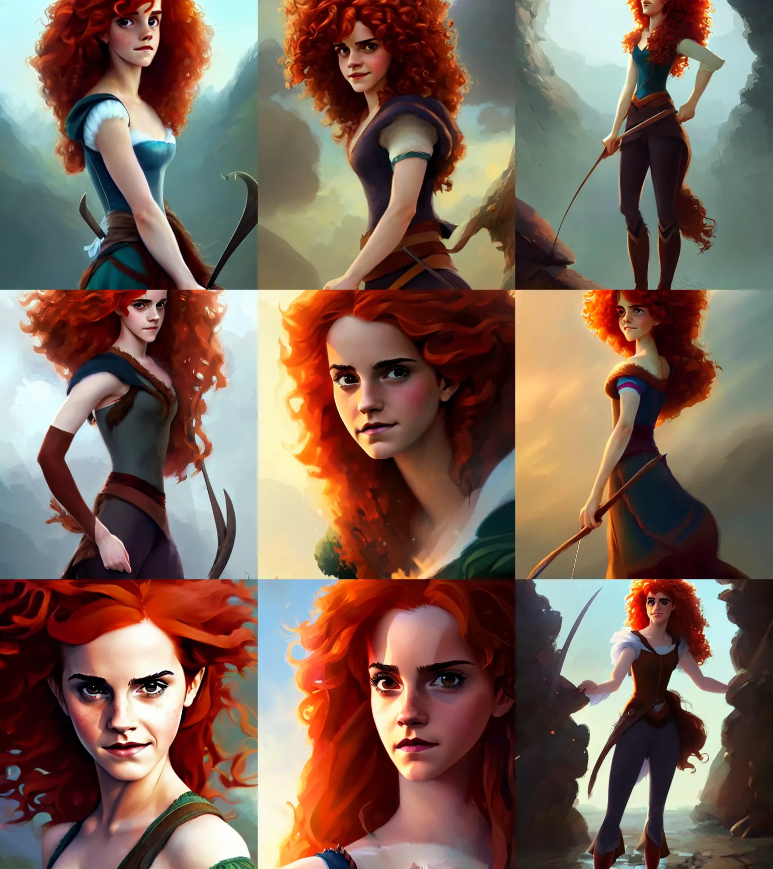 Prompt: attractive Emma Watson as Merida (Brave), hourglass slim figure, red hair, full body shot close up, seductive smile, details, sharp focus, illustration, by Jordan Grimmer and greg rutkowski, Trending artstation, pixiv, digital Art