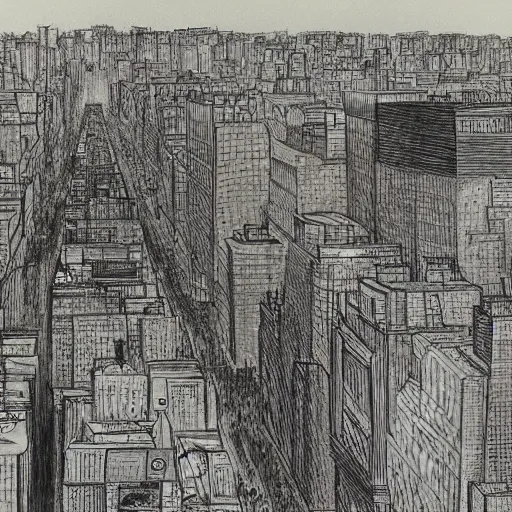 Prompt: view of the world from broadway, drawing, saul steinberg,