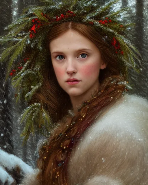 Image similar to a well - lit, realistic portrait painting of a thoughtful girl resembling a young, shy, redheaded alicia vikander or millie bobby brown wearing a christmas wreath in her hair and peasant dress in a deep snow - covered forest at dusk, highly detailed, intricate, concept art, artstation, by donato giancola, ron cobb, and william bouguereau